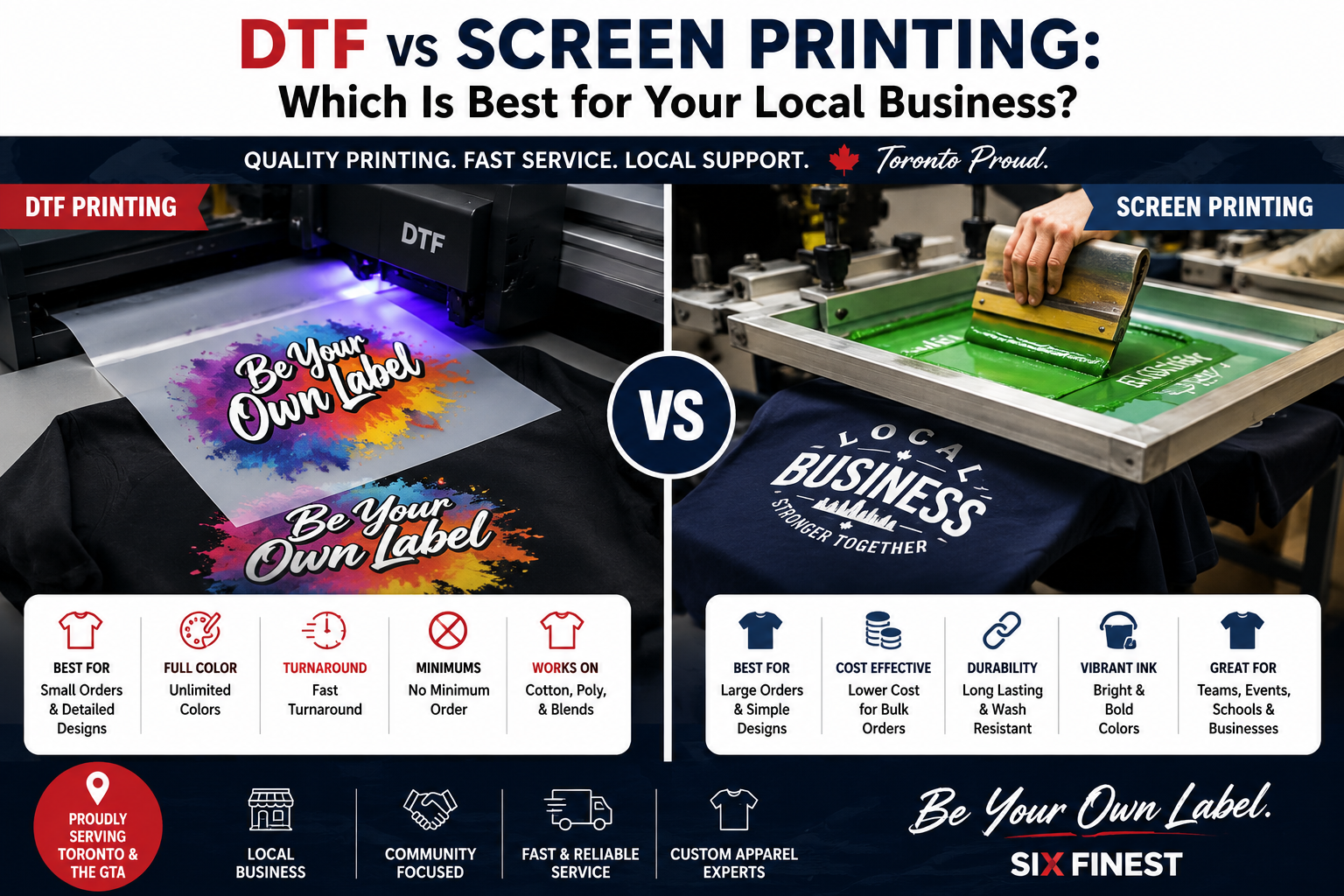 DTF vs Screen Printing comparison for local businesses and custom apparel printing in Toronto
